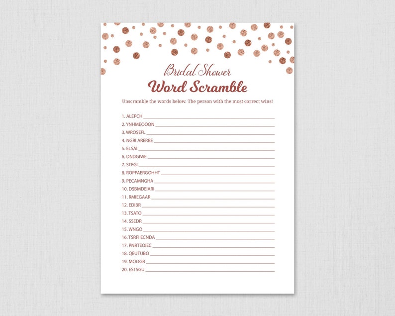 rose gold bridal shower word scramble game printable etsy