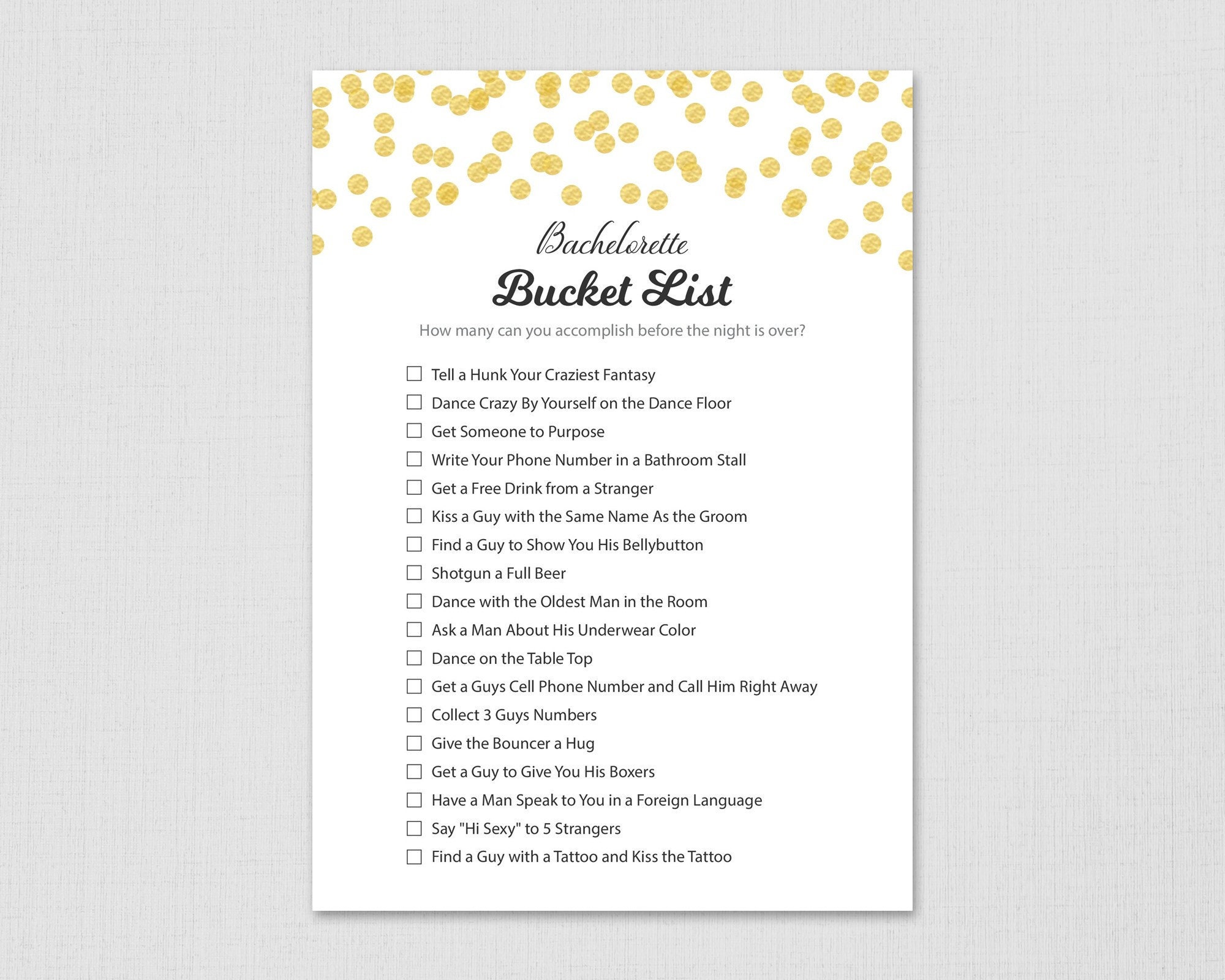 Bachelorette Party Bucket List Game Printable Gold Confetti Etsy
