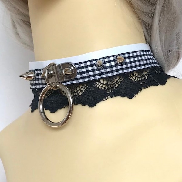 Black and white collar with Lace with spikes O-Ring Choker (Day Collar, Pastel Goth, Kitten Play, ddlg, ABDL, BDSM)