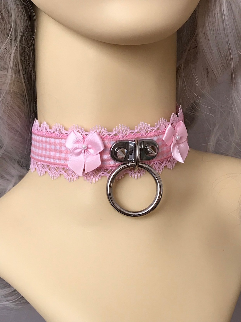 Pink Ddlg Collar Faux Leather With Gingham Ribbon And Lace Etsy Uk