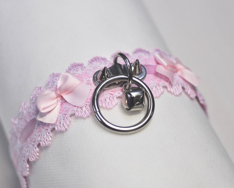 Pink Faux Leather and Lace O-Ring Choker (Day Collar, Pastel Goth, Kitten Play, DDLG, ABDL, BDSM) 