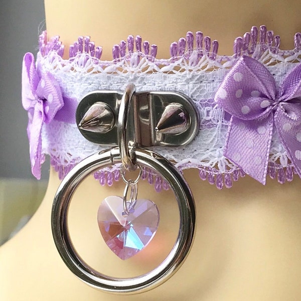 Purple and white choker PU leather with sewn on lace wnd bows