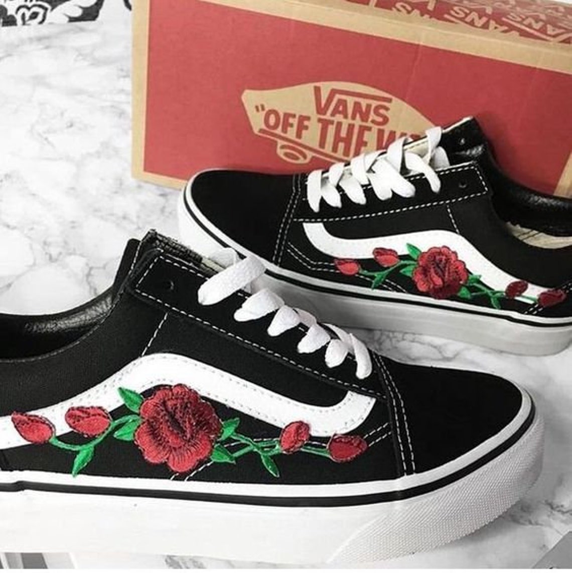 Custom Embroidered Vans red rose vans old skool back to school | Etsy