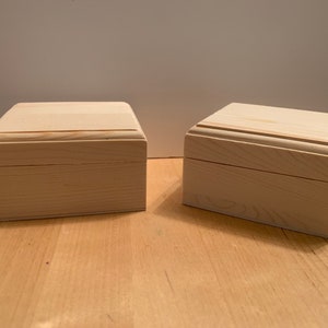 Handmade Unfinished Wood Box , 3.5 x 3.5 x 2 inches. Good quality box, with hinged lid and magnetic closing mechanism.