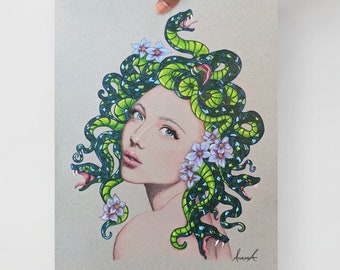 May include: A drawing of Medusa, a mythical Greek figure, with snakes for hair. The snakes are green and blue, and there are white flowers in her hair. The drawing is done in colored pencil on a light brown background.