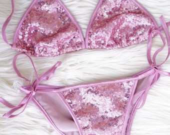 Sequin, sexy, pink bikini. Sparkly, unique, custom made swimwear.