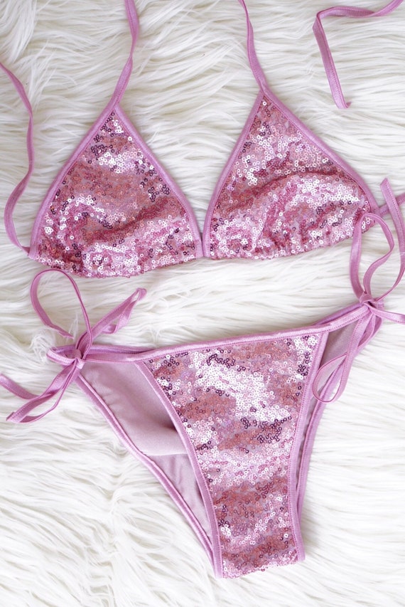 Lentejuelas sexy bikini rosa. Traje de baño único - Etsy