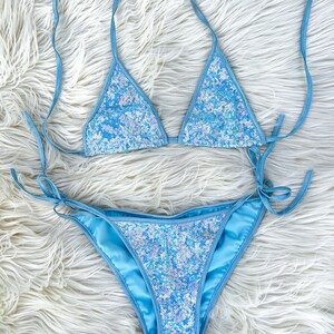 Sequin iridescent bikini. Strappy, unique, sparkly party swimwear. Made to order, custom made, sexy, bling bathing suit.