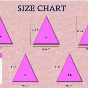 May include: Size chart for triangular shaped items with measurements in inches. The chart shows the length and width of each size: XS, S, M, L, and XL.