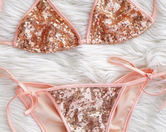 Sequin, rose gold, sexy, bling bikini. Made to order, unique swimwear.
