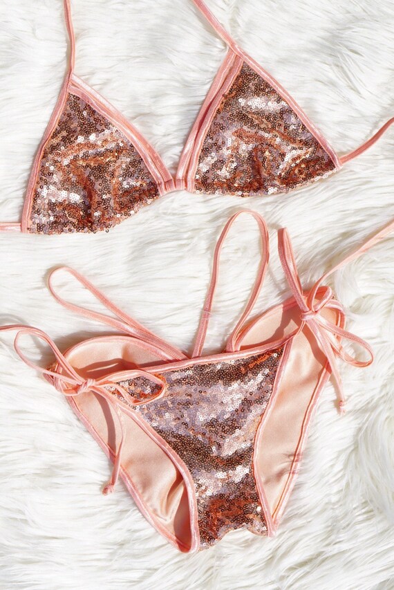 Sequin Strappy Rose Gold Bikini. Unique Sparkly Swimwear. - Etsy