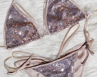 Sequin bikini. Unique, strappy, fashion swimwear. Sexy, handmade, made to order bathing suit.