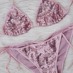 Sexy, sequin, rose gold bikini. Unique, made to order, bling, sparkly swimwear.