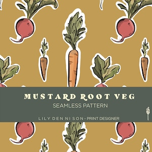 Mustard Root Veg, Seamless Repeat Pattern, Carrot, Radish, Print, illustration, Digital, hand drawn, vegetables, personal commercial use