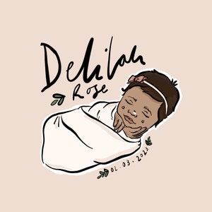 Anuncios de nacimiento de bebé personalizados, retrato, impresión de arte, descarga digital, ilustración personalizada, recién nacido, niña, bebé, nombre