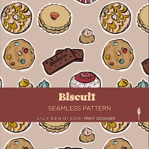 May include: A seamless pattern featuring various types of biscuits, including round biscuits with colorful sprinkles, rectangular biscuits with the word "BOURBON" printed on them, and round biscuits with a swirl pattern. The pattern is on a light brown background.