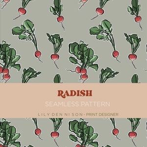 Radish, Root Veg, Seamless Repeat Pattern, Carrot, Radish, Print, illustration, Digital, hand drawn, vegetables, personal commercial use