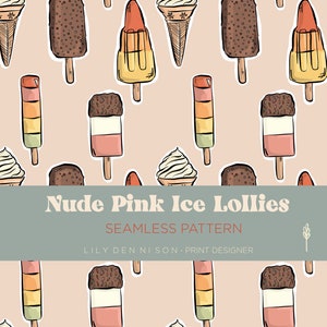 Pink Ice Cream Ice Lollie Treats, Seamless Repeat Pattern, Print, illustration, Digital, hand drawn, Summer ,  personal commercial use