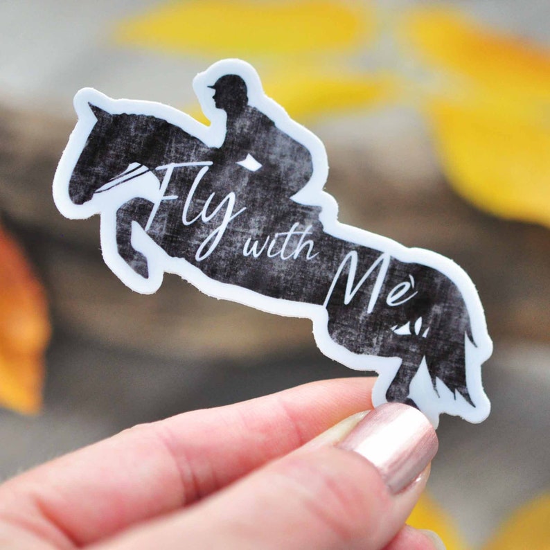Op de afbeelding: Een zwart-wit silhouet van een ruiter die een paard springt met de tekst "Fly with Me" in wit.