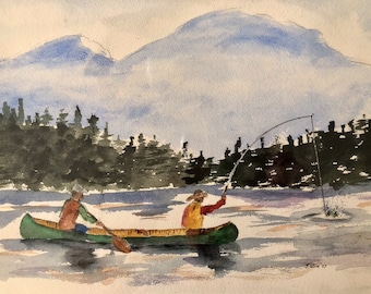 Canoe Fishing-Watercolor Painting