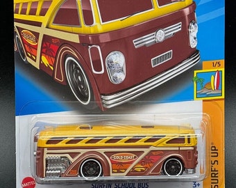 Hot Wheels Surfin' School Bus Brown and Yellow HW Surf's UP Perfect Birthday Gift Rare Miniature Collectable Model Toy Car