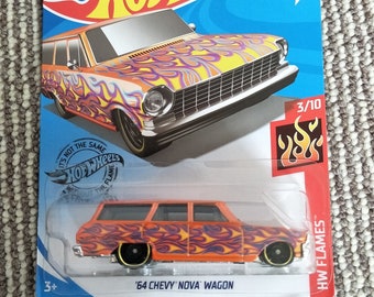 Hot Wheels '64 Chevy Nova Wagon Orange HW Flames  Perfect Birthday  Gift Miniature Collectable Toy Car