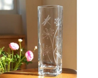 Hand Etched Eye Vase - 20 x 8cm - Seedhead & Dragonfly