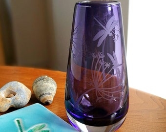 Hand Etched Bud Vase - Purple (Transparent) - Seedhead & Dragonfly - 14cm