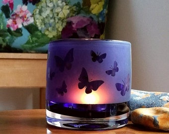 Hand Etched Tealight Candle holder - Purple - Butterfly - 8 x 9cm