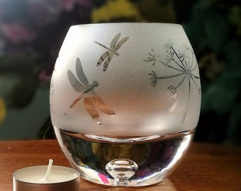 Hand Etched Tealight - Seed head & Dragonfly