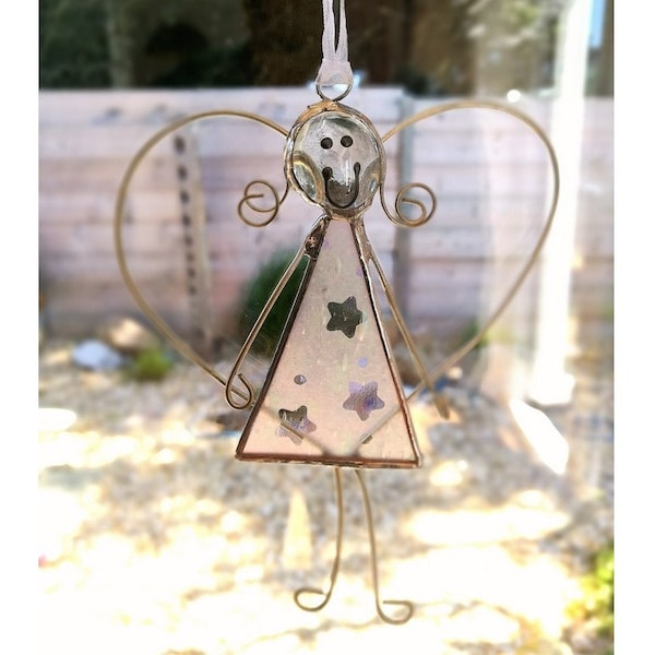 Etched & Stained Glass Angel - Clear Irridescent, Red, Purple or Blue  - 12 x 9cm suncatcher, tree or handle decoration with coloured string