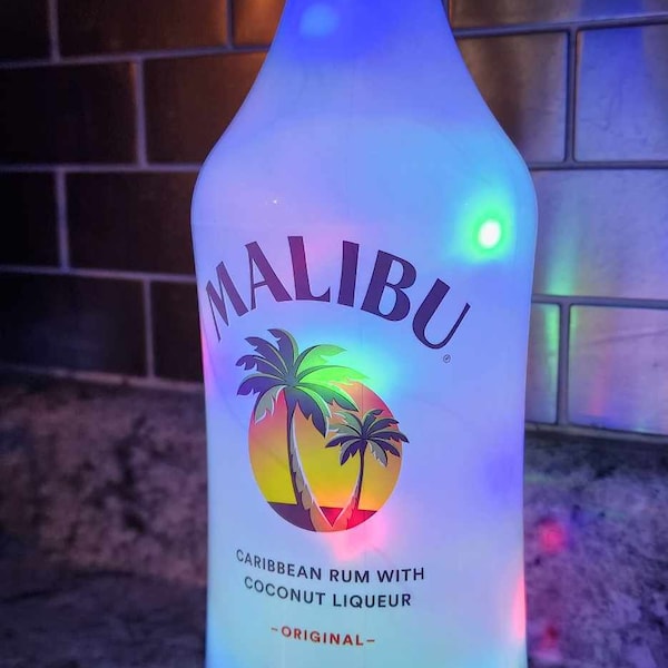 Malibu Coconut Rum Recycled Whiskey Liquor / Bottle Lamp Light / 1Liter / Push LED - Man cave - Bar Light - Fathers