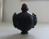 OLD JADE SNUFF Bottle 2 Dragons Crawling Up the Sides, Red Agate Brass Lid w Long Thin Spoon, Rare, Unique, Unusual.