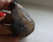 OLD JADE SNUFF Bottle w Kirin Carved on it, Red Agate Brass Lid w Spoon Inside, Rare, Unique, Unusual, One of a Kind