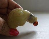 OLD JADE SNUFF Bottle Ram Head w Horns, Red Lid w Long Thin Spoon Inside, Rare, Unique, Unusual, One of a Kind