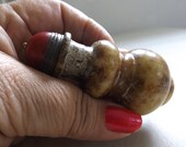 OLD JADE SNUFF Bottle Carved, Red Agate Brass Lid w Long Thin Spoon, Rare, Unusual, Unique, One of a Kind