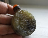 OLD JADE SNUFF Bottle Chinese Zodiac Yin Yang, Orange Agate Brass Lid w Spoon, Rare, Unusual, Unique, One of a Kind