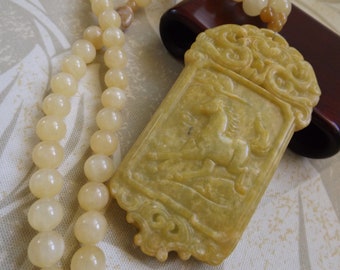 YELLOW JADE HORSE Pendant, Yellow Jade and Agate Beads, Chinese Asian Style Necklace, Unique, Unusual, One of a Kind