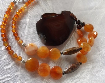 AGATE PENDANT, CARNELIAN beads, agate beads, Tibetan silver, very unusual necklace.