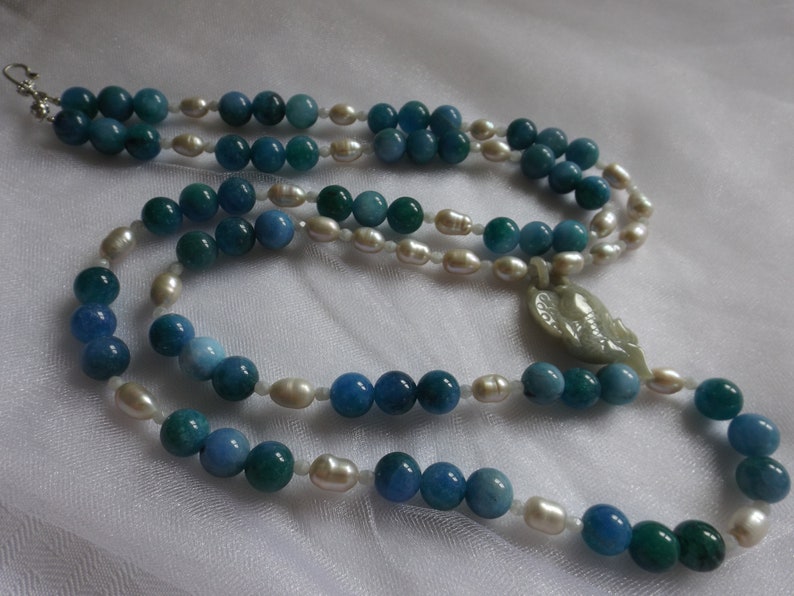 Necklace. JADE FISH PENDANT Blue and Green Apatite Beads Silvery Freshwater Pearls White Glass Faceted Beads