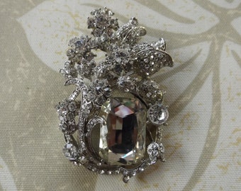 White Gold Diamond Floral Brooch Pin, Fashion Jewelry, NEW