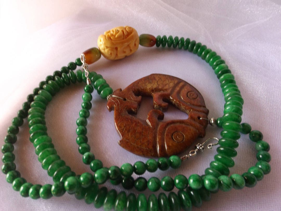 DOUBLE FISH JADE Pendant, Oblong Carved Dragon Bone Bead, Jade Beads, Chinese Asian Unusual Rare