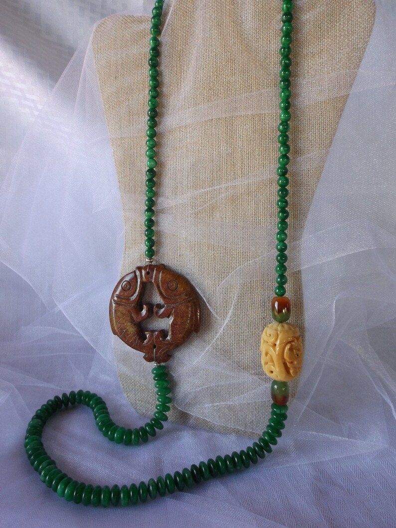 DOUBLE FISH JADE Pendant, Oblong Carved Dragon Bone Bead, Jade Beads, Chinese Asian Unusual Rare