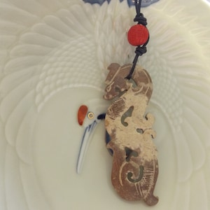 CARVED JADE DRAGON Pendant, Carved Red Cinnabar Bead, Unisex Necklace, Chinese Asian Style Necklace.
