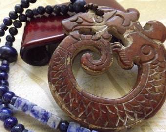 DRAGON JADE PENDANT, Lapis Lazuli Beads, Blue Agate Beads, Unisex Necklace, Chinese Asian Style Necklace.