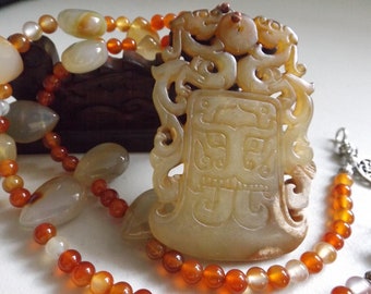 DRAGONS ON AXE Pendant, Carnelian Teardrop and Round Beads, Asian Chinese Style Necklace, One of a Kind.