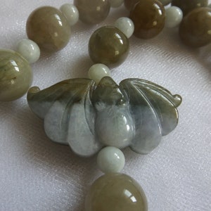 GREEN JADE STRAND with Bat Pendant on the Side, Asian Style Necklace, Unique, Unusual, One of a Kind.