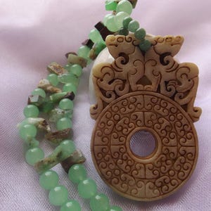 DOUBLE DRAGON JADE pendant, natural chrysoprase Australian jade beads, jade beads, Chinese Asian rare unique beaded necklace.
