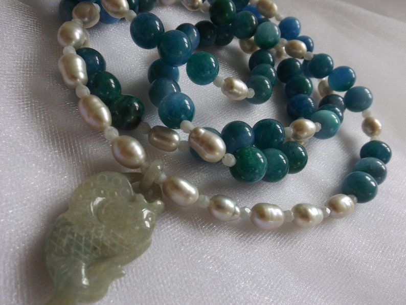 Necklace. JADE FISH PENDANT Blue and Green Apatite Beads Silvery Freshwater Pearls White Glass Faceted Beads