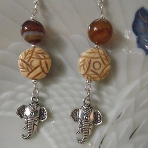 CARVED BONE, AGATE Bead, Silver Tone Elephant Head Charm, Pierced Earrings, Chinese Asian Earrings, Unique, One of a Kind